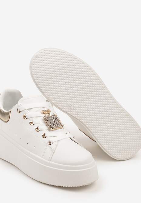 Biało-Złote Sneakersy na Platformie Ozdobione Cyrkoniami i Aplikacją 3D Daneria