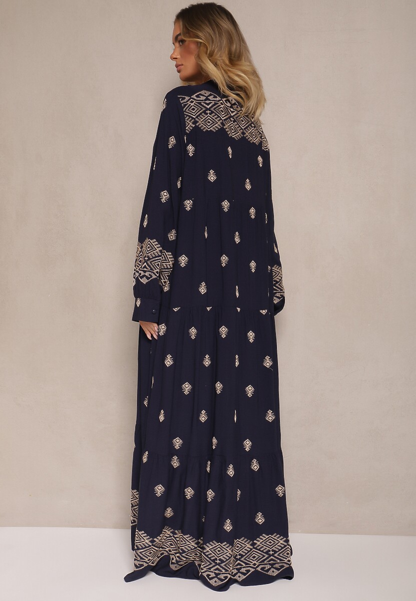 Niebieska Rozkloszowana Sukienka Ozdobiona Haftem i Wzorem Boho Ronavere