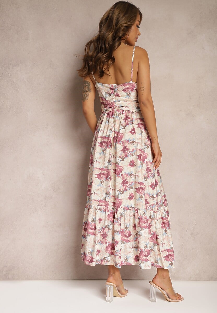 Jasnofioletowa Rozkloszowana Sukienka na Ramiączkach z Rozcięciami Ozdobiona Guzikami Dimline