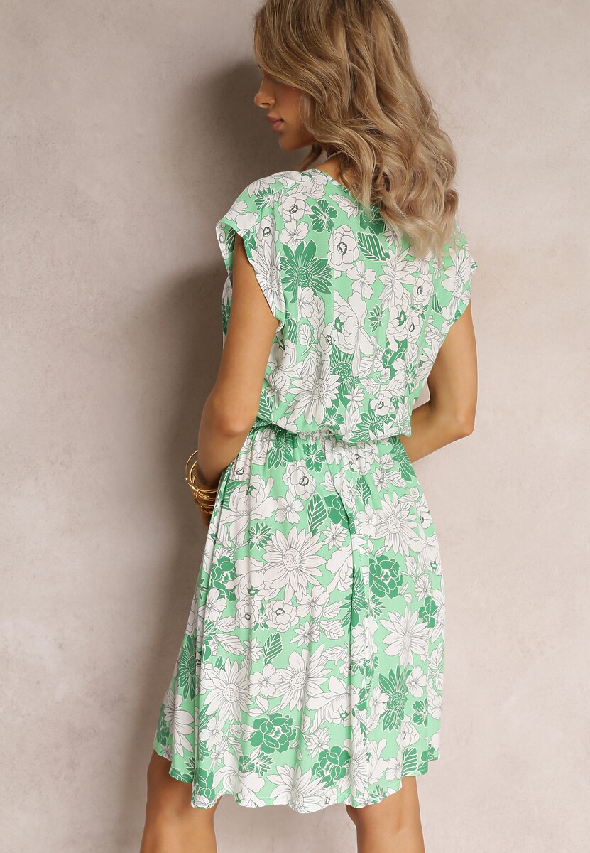Zielona Rozkloszowana Mini Sukienka z Wiskozy w Kwiatowy Print i z Gumką w Pasie Yapta