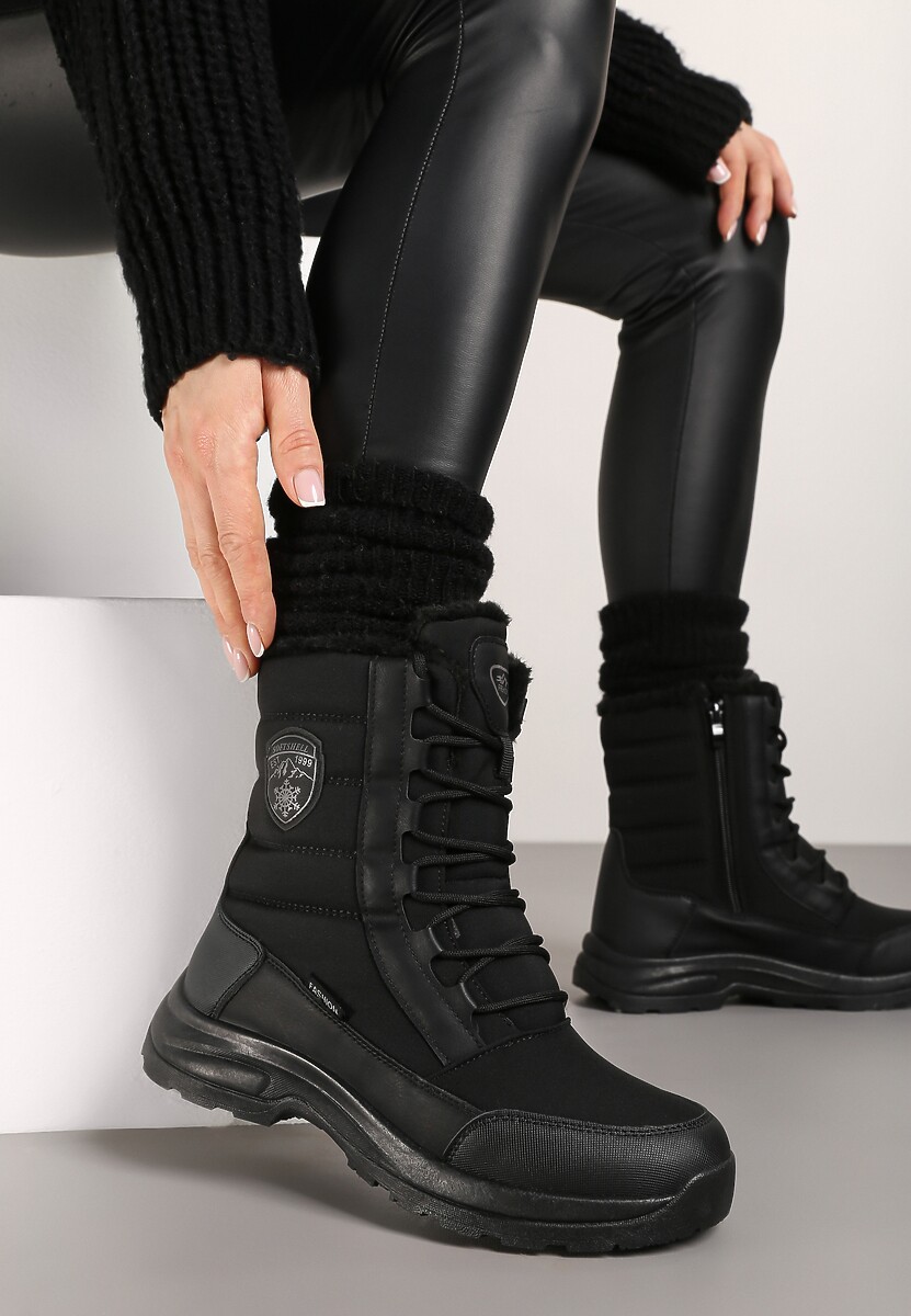 Czarne Śniegowce na Grubej Podeszwie z Ozdobnym Sznurowaniem Scorpias