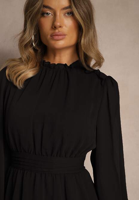 Czarna Sukienka z Siateczki o Rozkloszowanym Kroju z Bufiastymi Rękawami Aziva