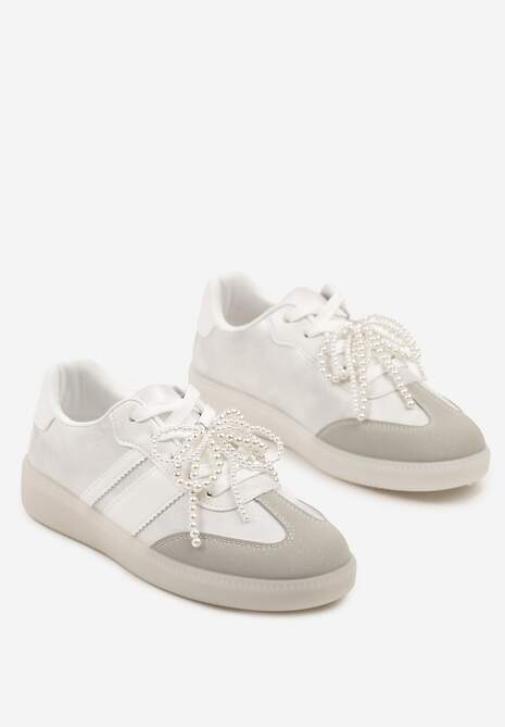 Srebrno-Szare Sneakersy Typu Kultowe Tenisówki ze Zdobieniem z Perłami Nalavia