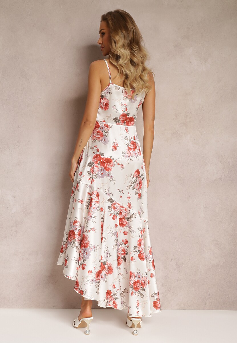 Biała Asymetryczna Sukienka Maxi na Cienkich Ramiączkach z Falbanką Leatra