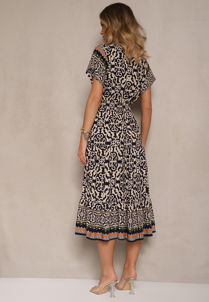 Granatowa Sukienka z Bawełny Ozdobiona Ornamentnym Motywem Fillena