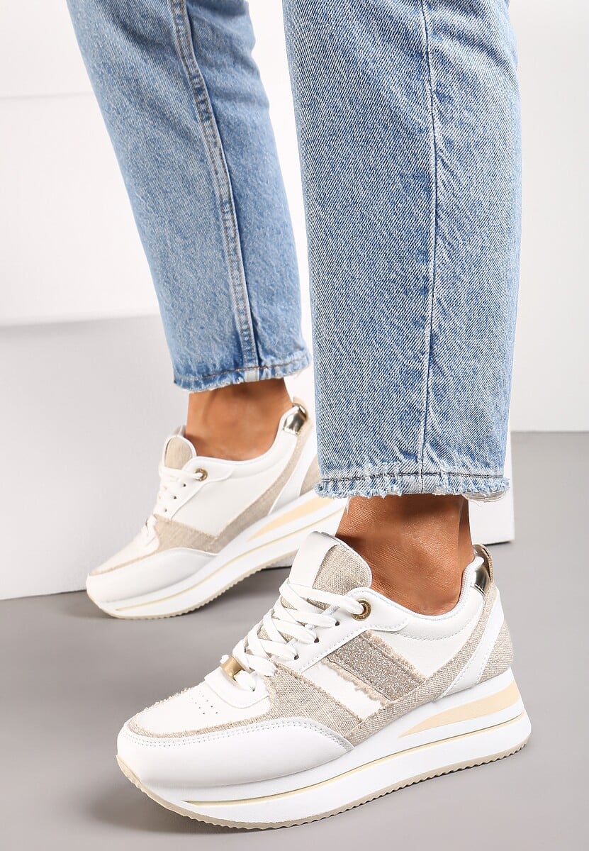 Beżowe Sneakersy z Ekoskóry z Ozdobnymi Wstawkami i Grubą Podeszwą Amifa