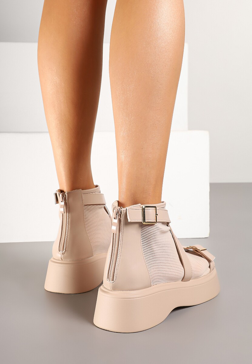 Beżowe Botki na Platformie Ozdobione Siateczką i Klamrą Eleazetta