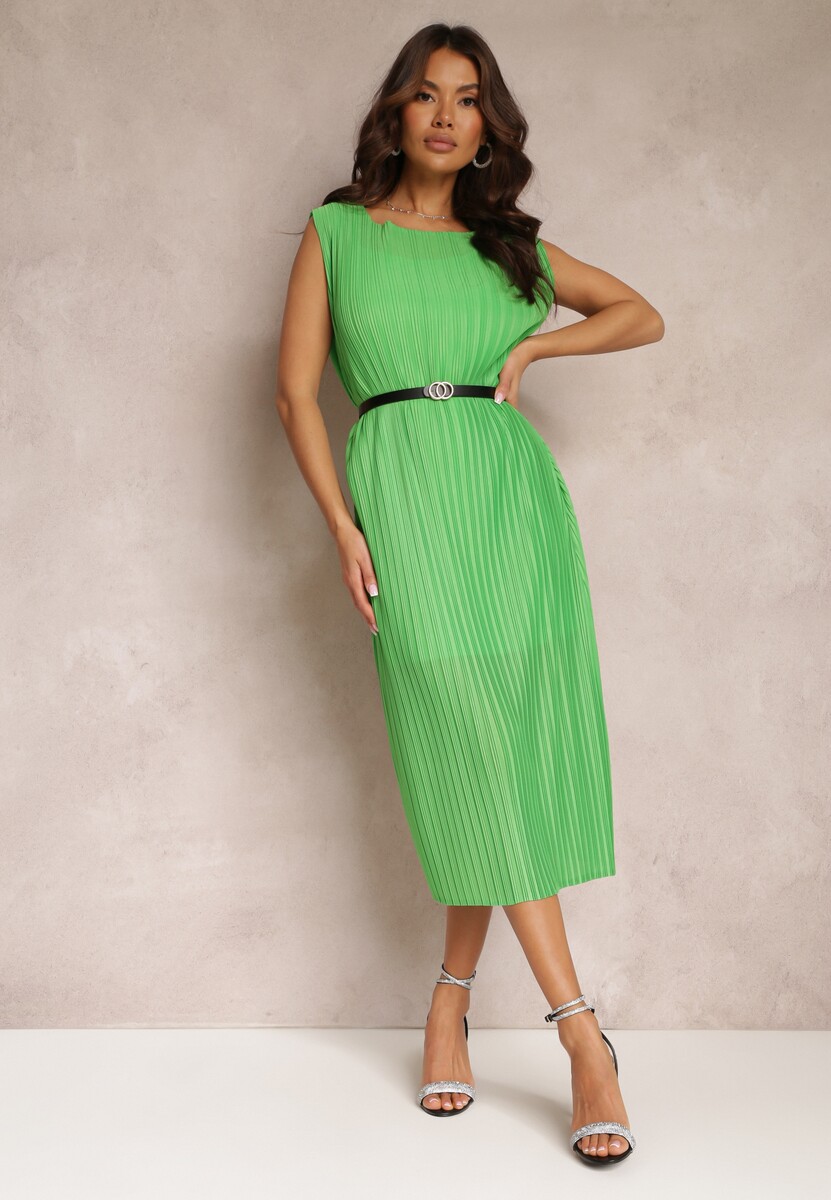 Granatowa Pudełkowa Sukienka Midi z Plisowanej Tkaniny z Paskiem z Klamerką Lanaia