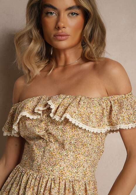 Żółta Sukienka z Ozdobnymi Falbankami Folanne