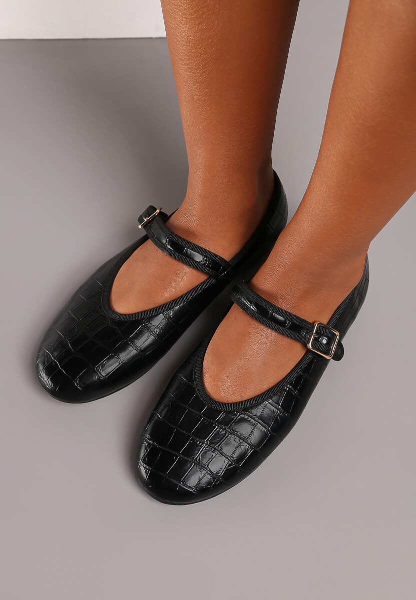 Czarne Balerinki na Płaskiej Podeszwie w Stylu Mary Jane Zapinane na Sprzączkę Rivannae