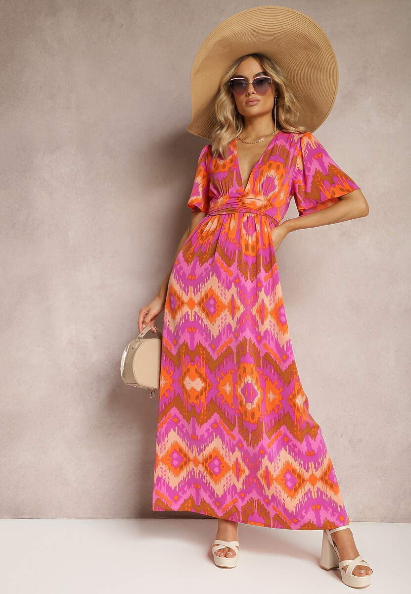 Fioletowo-Pomarańczowa Sukienka Rozkloszowana z Dekoltem w V Natica