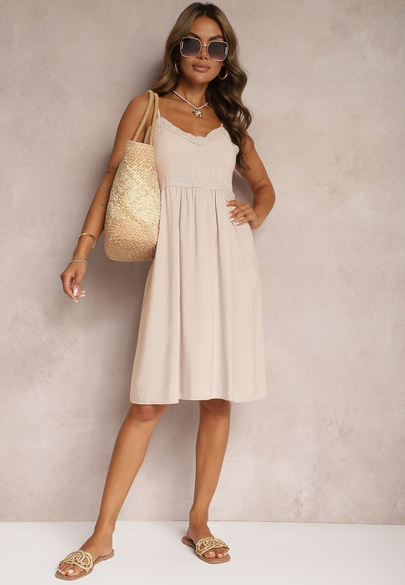 Beżowa Wiskozowa Sukienka na Regulowanych Ramiączkach z Haftem i Lampasami Nelmina