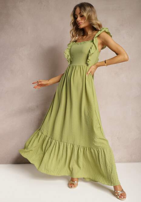 Zielona Sukienka z Wiązaniem na Plecach na Ramiączkach z Falbankami i Gumką w Pasie Rollas