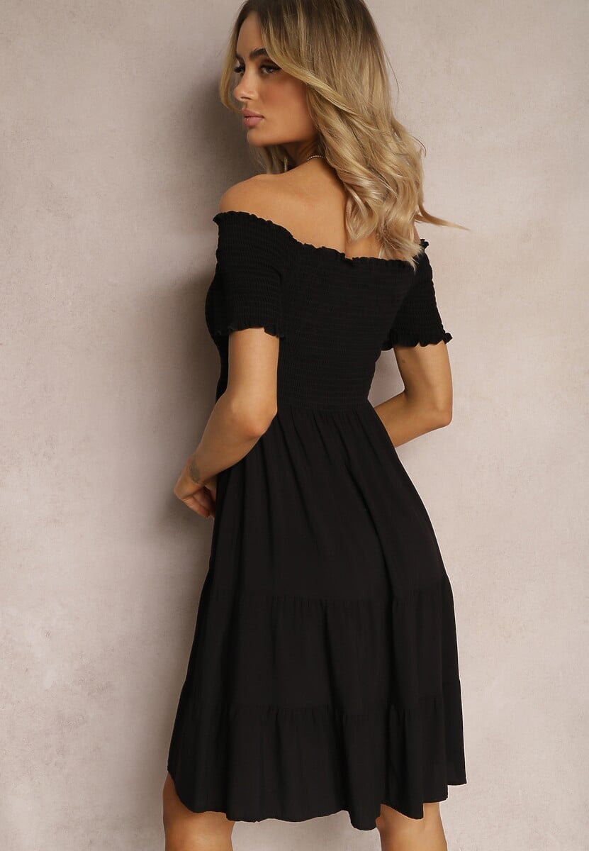 Czarna Letnia Sukienka z Bawełny o Fasonie Hiszpanki z Rozkloszowanymi Falbanami Lorania