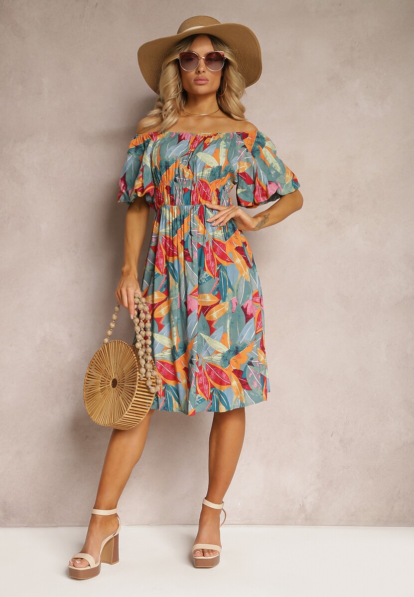 Zielono-Różowa Sukienka z Wiskozy z Gumką w Talii Ozdobiona Bufiastymi Rękawami Kiozara