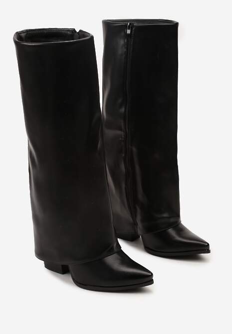 Czarne Kozaki Kowbojki na Stożkowym Obcasie Ozdobione Wywiniętą Cholewką Nalunisa