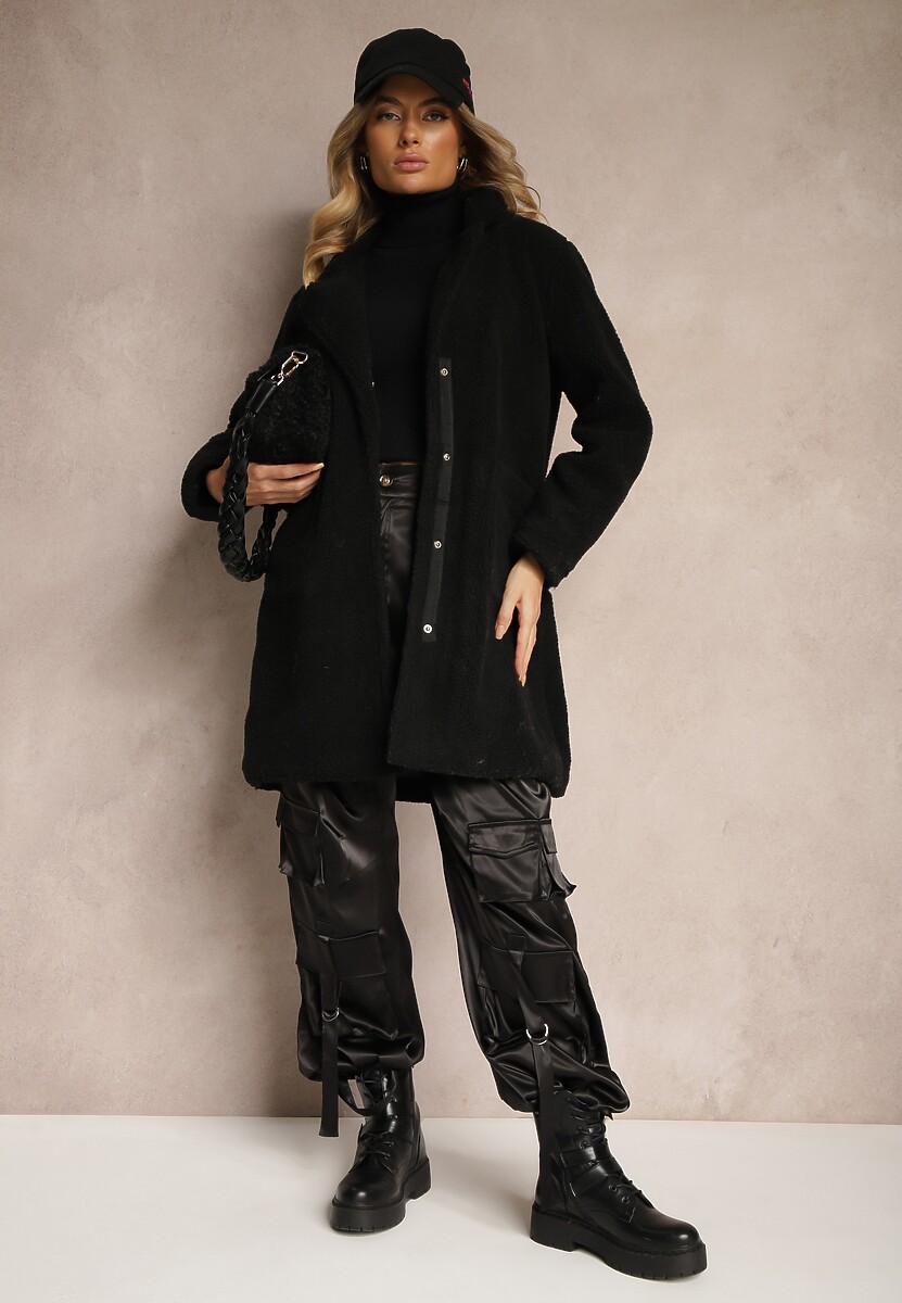 Czarny Płaszcz z Futerkiem na Napy z Kieszeniami Porttiana