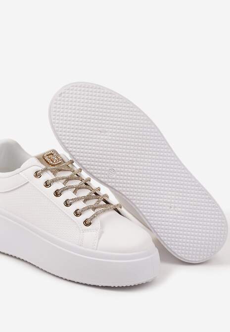 Białe Sneakersy na Platformie z Siateczką i Cyrkoniowym Sznurowaniem Warelna