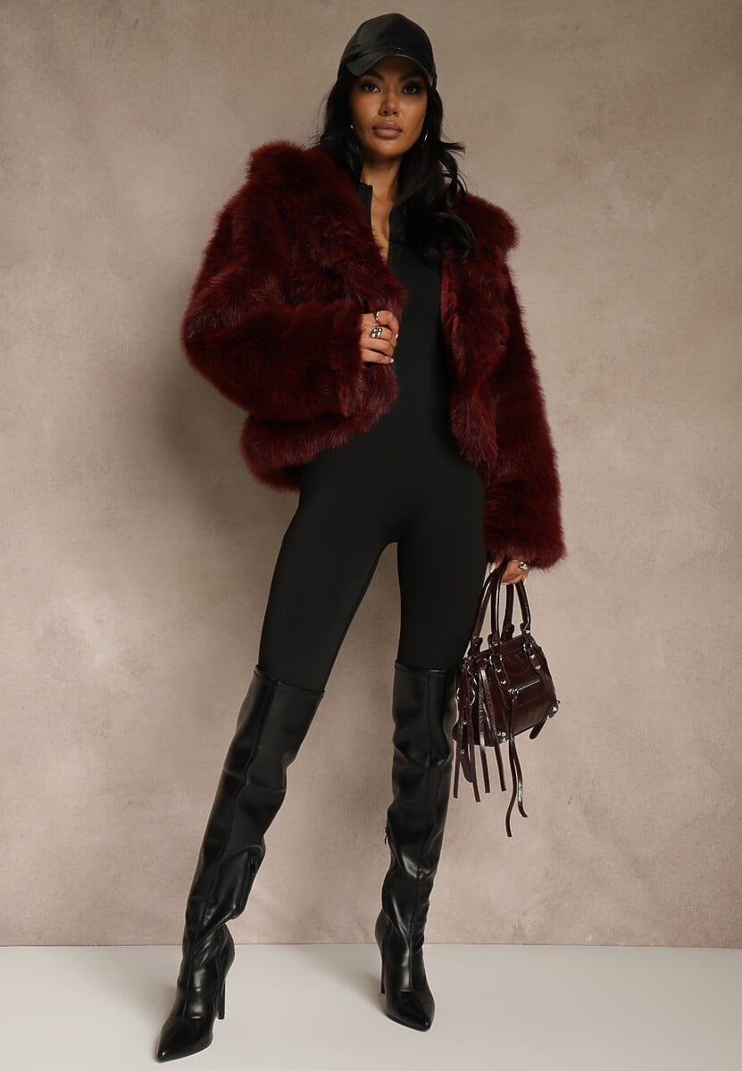 Bordowa Kurtka Futro z Nieodpinanym Kapturem Zetera