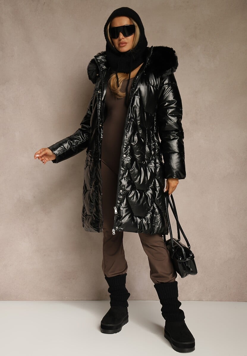 Czarna Pikowana Kurtka o Długim Kroju z Kapturem i Odpinanym Futrem Mocno Ocieplana Lillanea