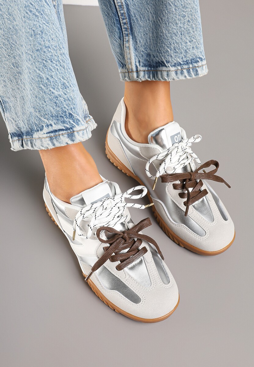 Srebrne Sneakersy w Stylu Kultowych Tenisówek z Podwójnymi Sznurówkami Nilaviela