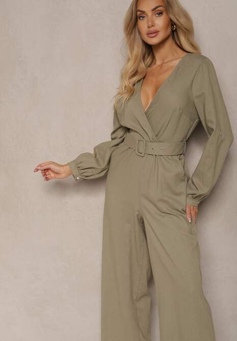 Zielony Kopertowy Kombinezon z Bawełny z Dodatkowym Paskiem i Gumką w Talii Rinnarela