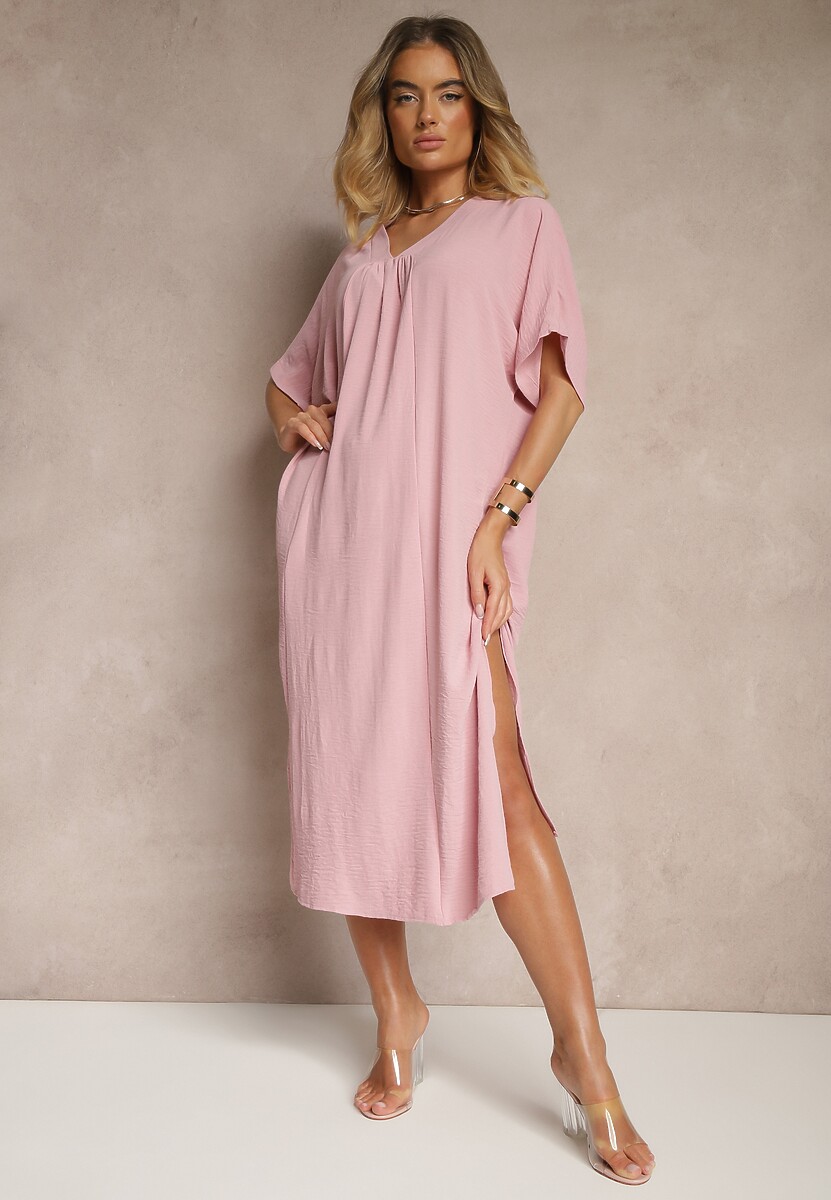 Beżowa Pudełkowa Sukienka z Bawełną i Marszczeniem Teleriela