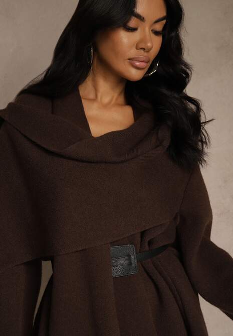 Brązowy Elegancki Kardigan z Wiskozy z Paskiem i Narzutką Roweda