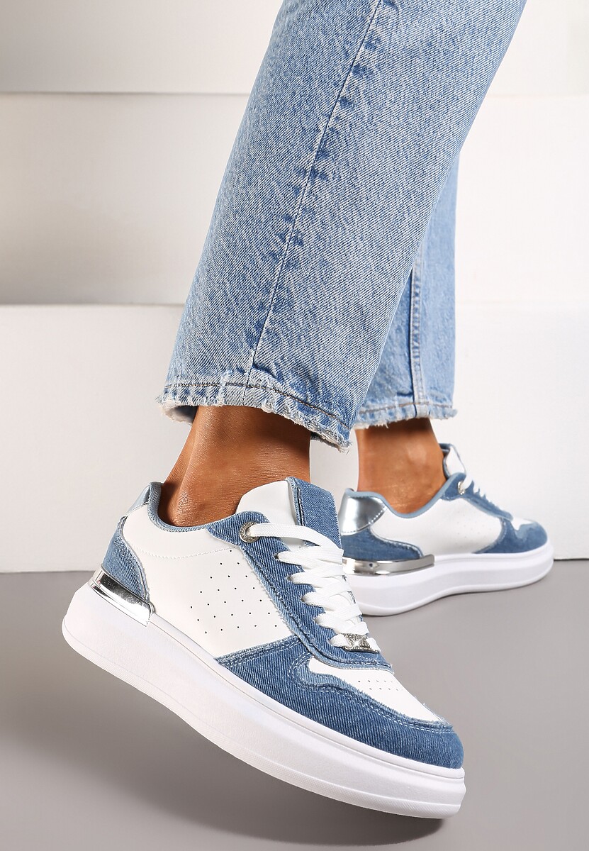 Biało-Niebieskie Sznurowane Sneakersy z Ozdobnymi Wstawkami z Cyrkoniami i Grubą Podeszwą Maellie