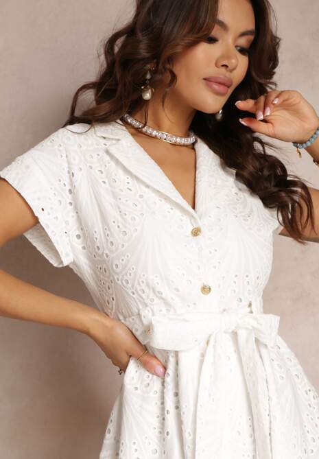 Biała Haftowana Sukienka Koszulowa z Paskiem Phenanea