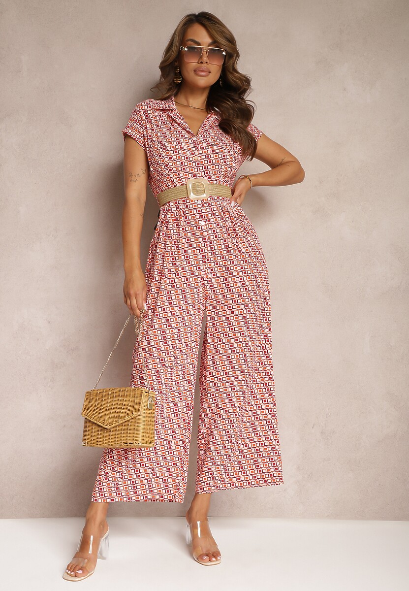 Pomarańczowo-Różowa Kombinezon z Dekoltem w Serek i Szerokimi Nogawkami z Paskiem w Talii Celretta