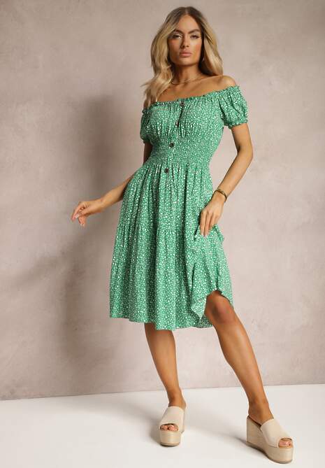 Zielona Kwiecista Sukienka z Bawełny z Gumkami w Pasie Herata