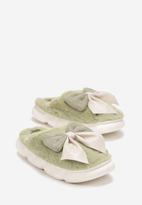 Zielone Futrzane Kapcie Zimowe Ozdobione Kokardką Saceta