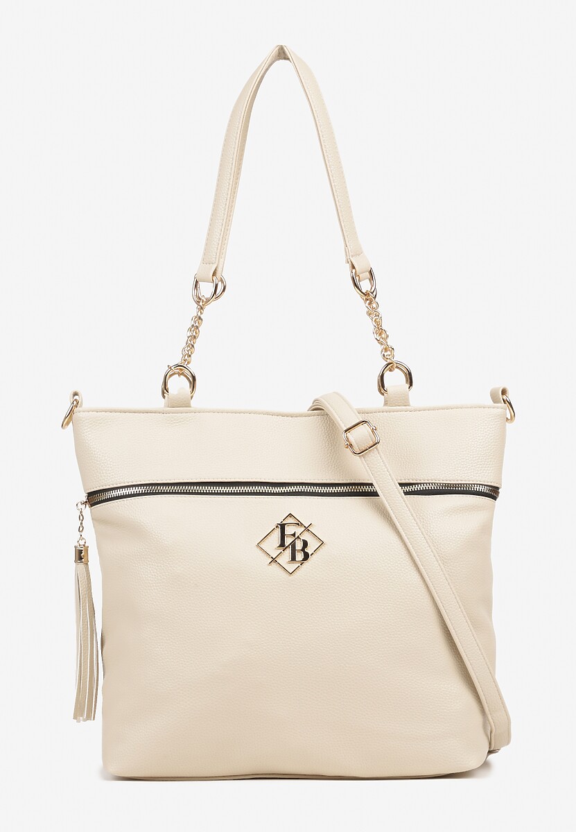 Beżowa Torebka Typu Shopper z Ozdobnymi Rączkami i Paskiem na Ramię Idaloriela