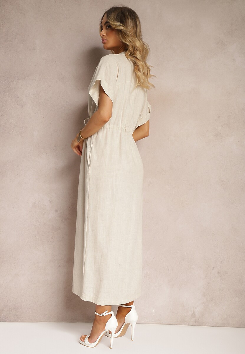 Beżowa Sukienka z Bawełny z Górą o Koszulowym Kroju Ściągana w Pasie Viklia