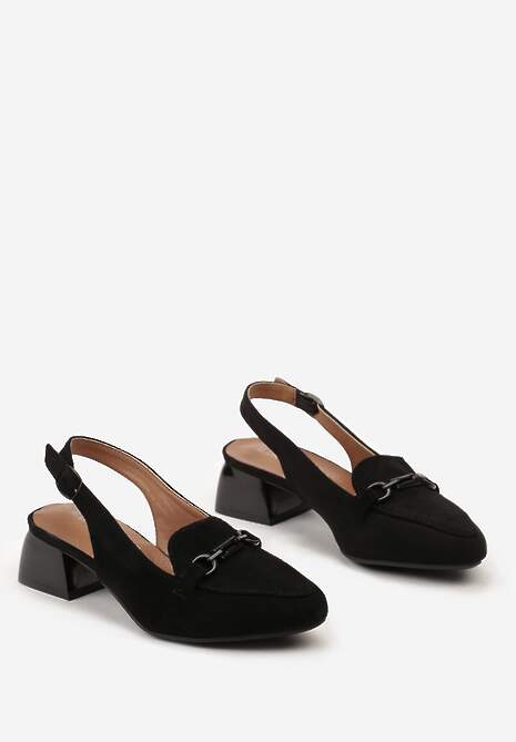 Czarne Czółenka na Niewysokim Słupku bez Pięty Ozdobione Metalową Sprzączką Zapinane Wokół Kostki Povissia