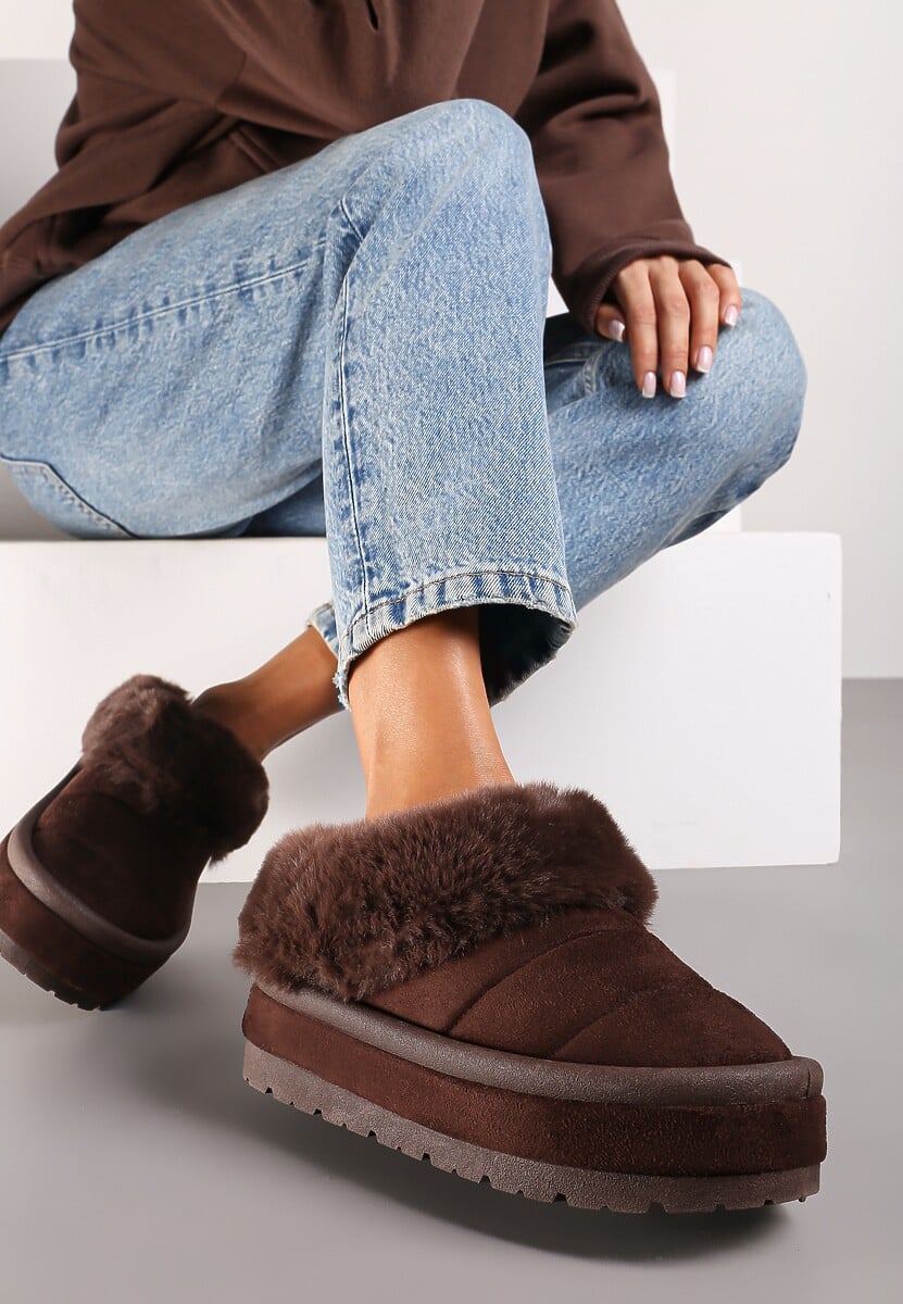 Beżowe Wsuwane Śniegowce na Platformie Ozdobione Futerkiem Sinthiana