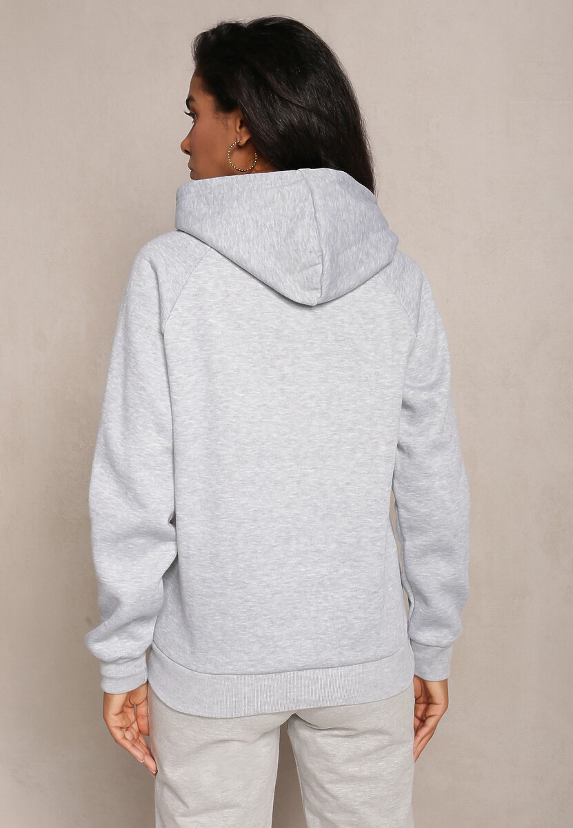 Jasnoszara Klasyczna Bluza z Nadrukiem na Przodzie i Kapturem Inalle