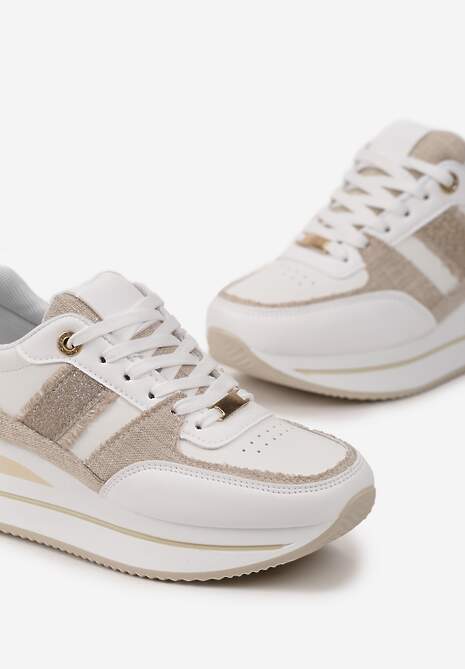 Beżowe Sneakersy z Ekoskóry z Ozdobnymi Wstawkami i Grubą Podeszwą Amifa