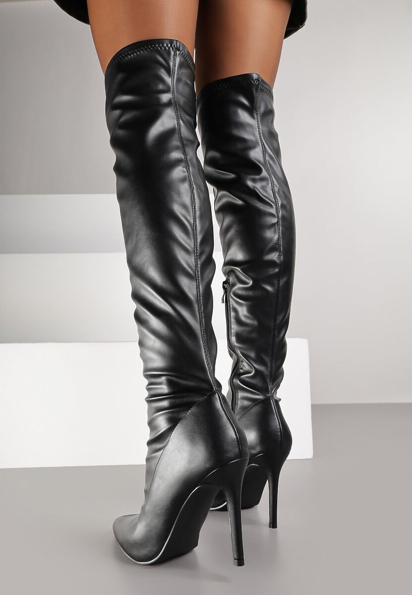 Czarne Kozaki Vices na Szpilce z Marszczoną Cholewką Calavelie