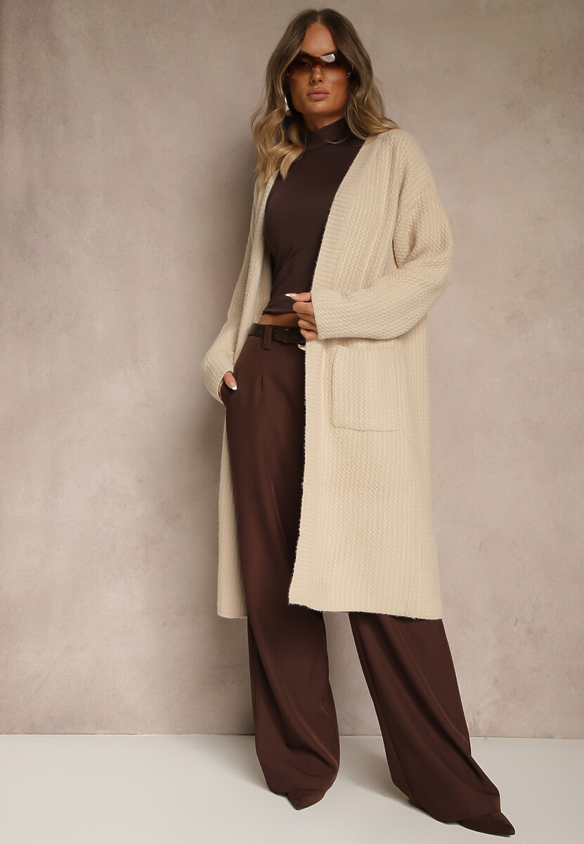 Beżowy Długi Kardigan Niezapinany z Bawełną Ferrive