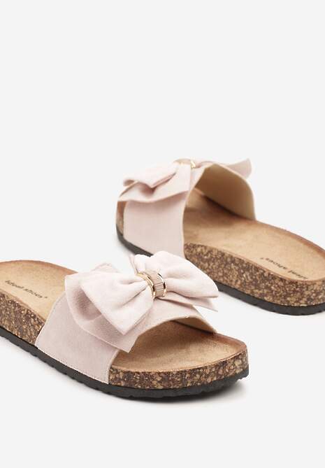 Różowe Klapki na Korkowej Podeszwie Ozdobione Kokardą Amondora