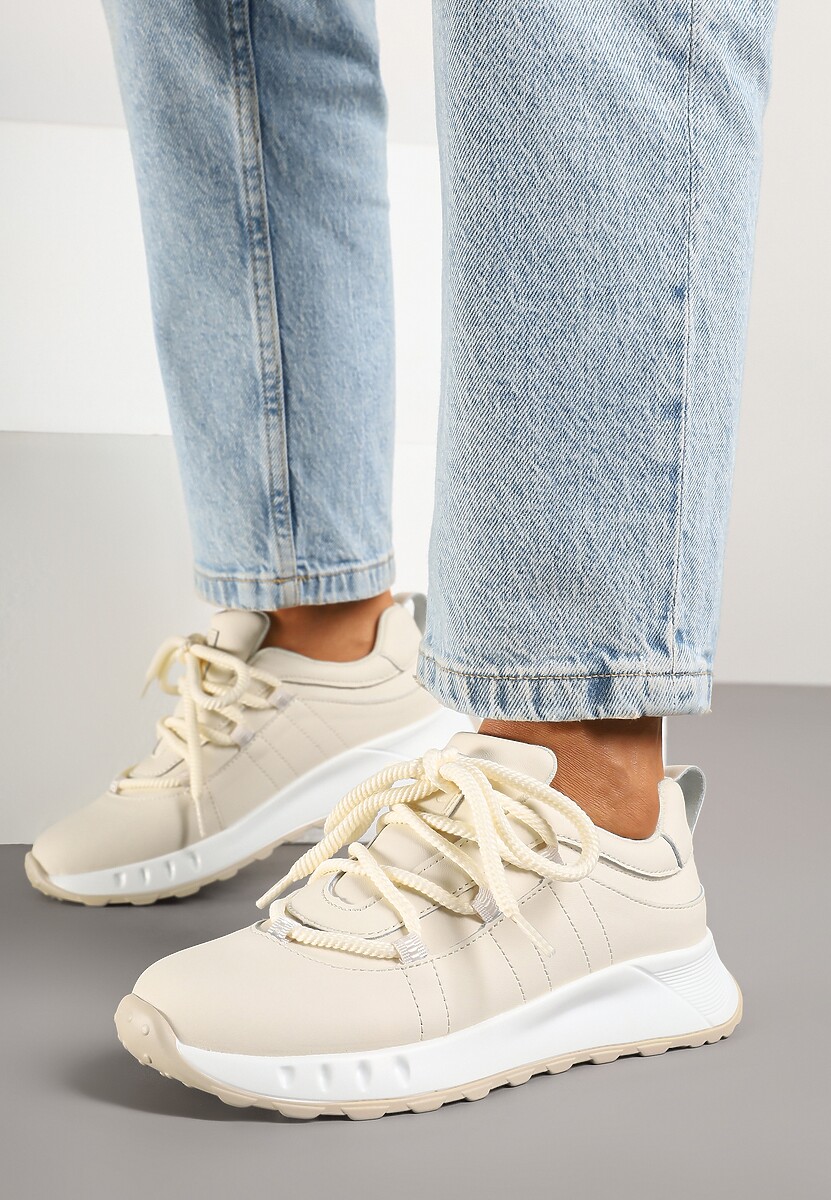 Beżowe Sneakersy ze Skóry Naturalnej z Grubymi Sznurówkami Daneliss