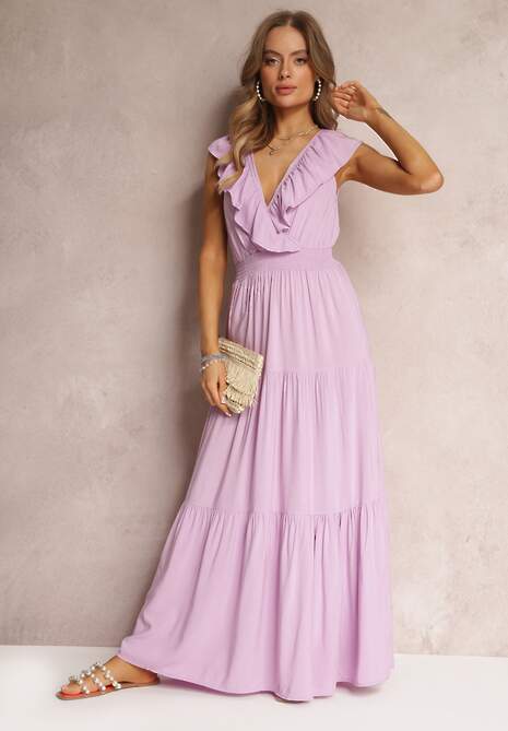 Fioletowa Rozkloszowana Sukienka Maxi z Gumką w Talii i Falbanką Laylani