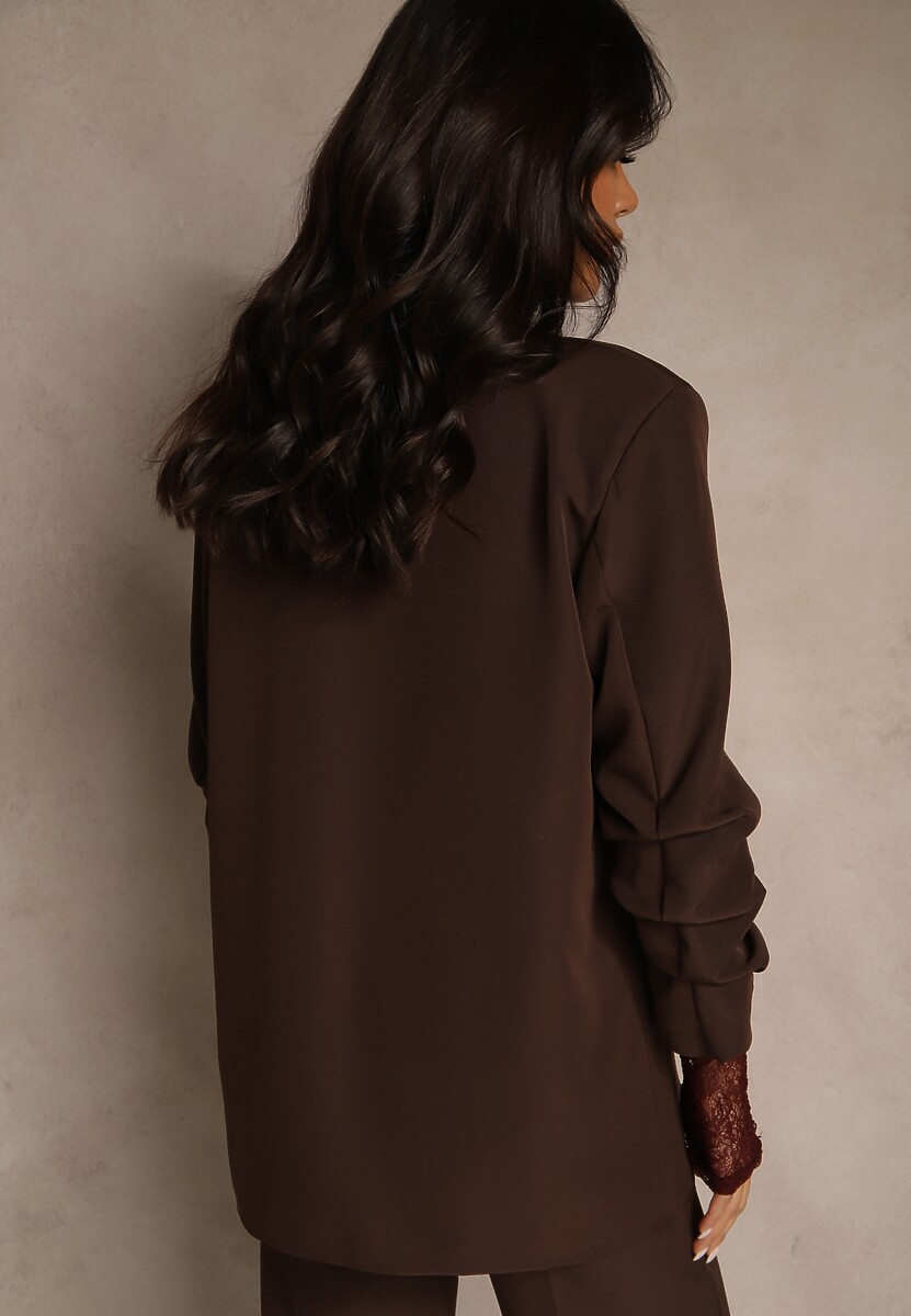 Brązowa Pudełkowa Marynarka Bez Zapięć z Wiskozą z Marszczonymi Rękawami Fenidia