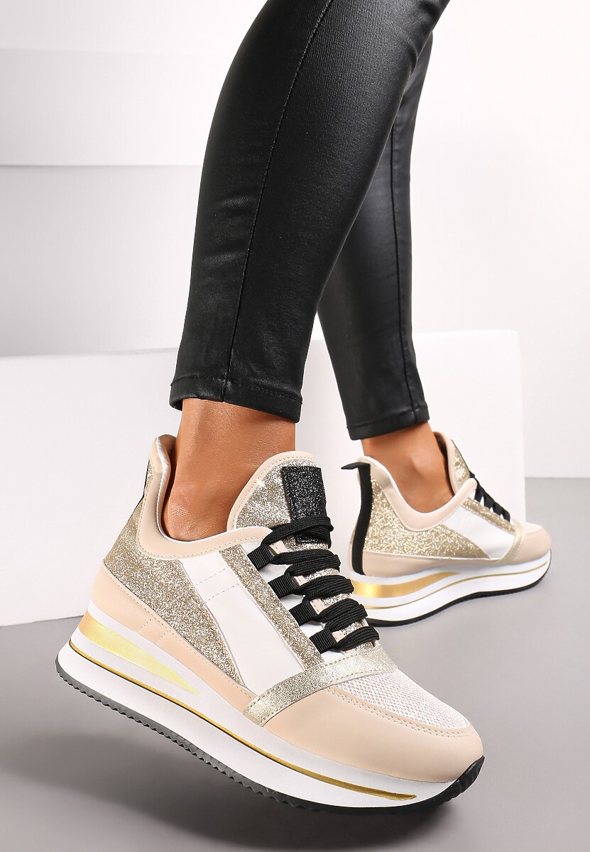 Beżowe Płaskie Sneakersy na Grubej Podeszwie ze Sznurowaniem Ozdobione Brokatem Krisfina