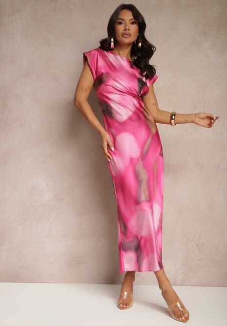 Różowa Sukienka o Rozkloszowanym Kroju z Marszczeniem w Abstrakcyjny Print Tilloreta