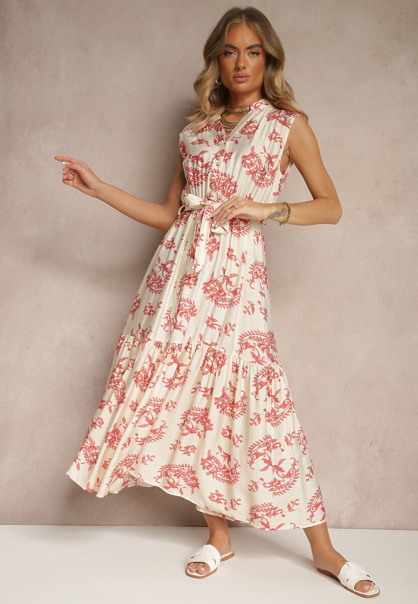 Beżowa-Zielona Sukienka z Wiskozy z Paskiem i Abstrakcyjnym Wzorem Rinalora