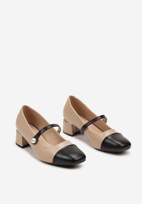 Beżowe Czółenka na Słupku Wykończone Paskiem z Perełką i Metaliczną Wstawką Milanea