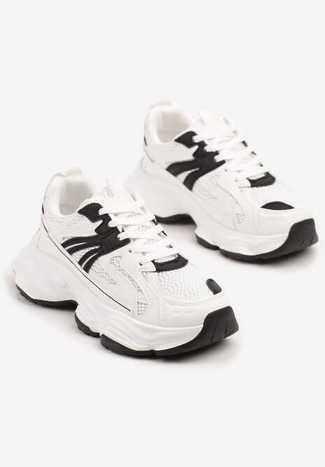 Białe Sneakersy na Platformie z Tłoczeniem i Metaliczną  Ozdobą Alarella